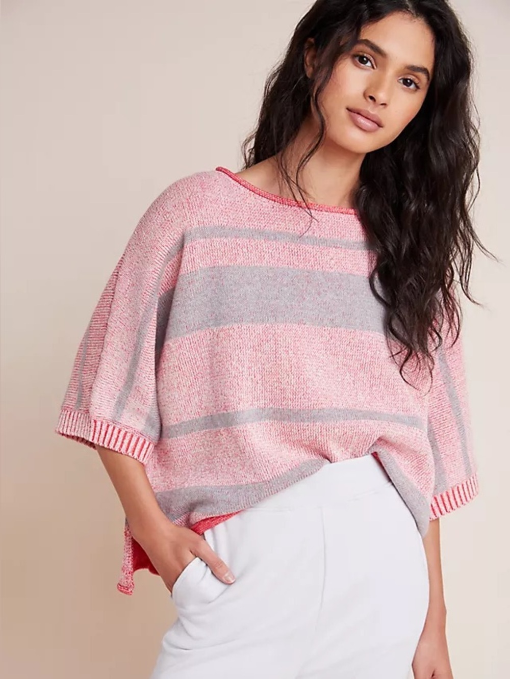 Anthropologie Loose Fit Cotton Knit with Grey Stripes